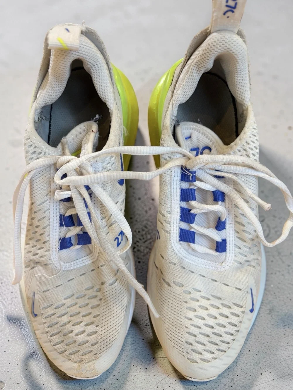 Nike White Sneakers with Blue Swoosh and Neon Green Air Heel